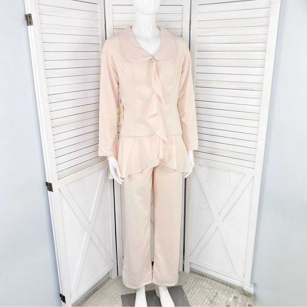 Lan Ting Ruffle Trim Chiffon Pant Suit Blush Pink XS Straight Leg‎ Pants